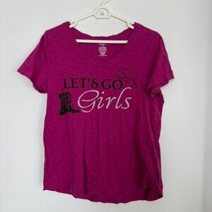 George “Let’s Go Girls” Graphic Tee | Pink V-Neck Western Style | Size Large